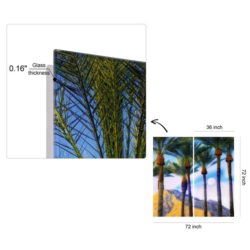 "Moonlit Oasis" Oversized 72"x 36" Frameless Free-Floating Reverse Printed Tempered Art Glass Panels Set