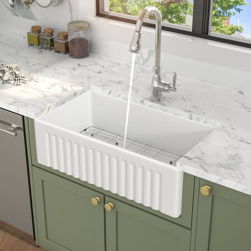 Kichae 33 Inch Ceramic Sink Undermount Farmhouse Apron Front White Kitchen Sink - 33 in.W x 18 in.D x 10 in.H