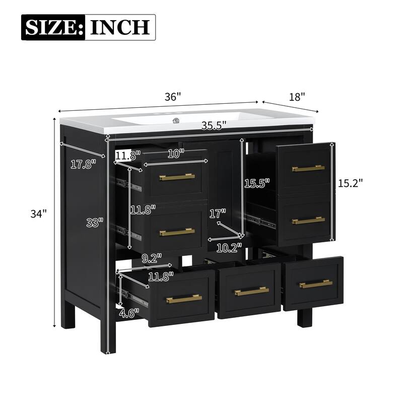 Roomfitters 36" Vanity with Resin Sink, Solid Wood Cabinet with 5 Drawers and Soft Closing Doors, Freestanding Storage Set