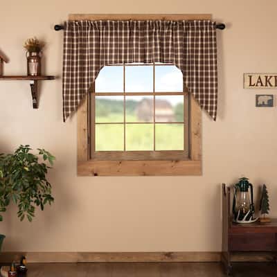 Brown Rustic Kitchen Curtains Rory Swag Pair Rod Pocket Cotton Plaid - Swag 36x36x16