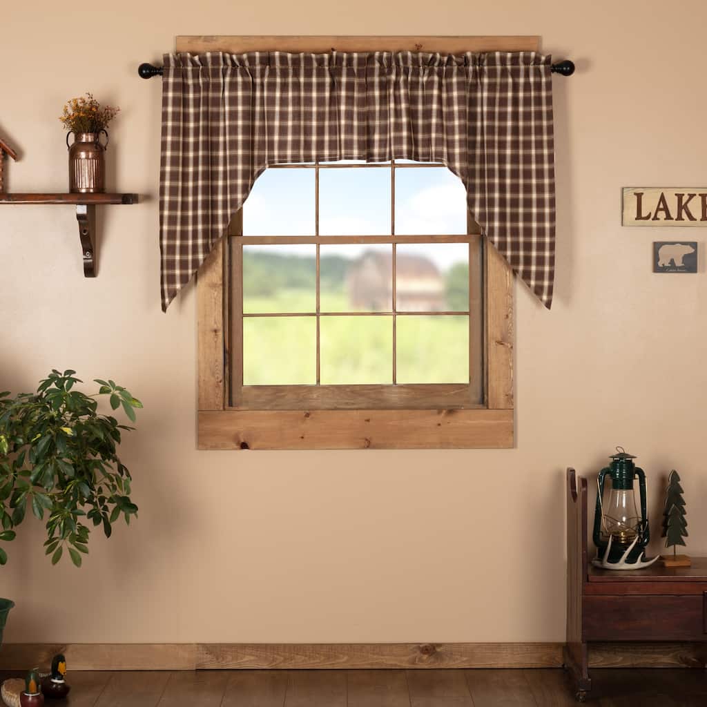 Brown Rustic Kitchen Curtains Rory Swag Pair Rod Pocket Cotton Plaid - Swag 36x36x16