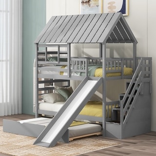 Twin Over Twin House Bunk Bed with Slide & Trundle, Solid Wood Bunk Bed Frame w/Storage Staircase, Roof & Window for Kids, Teens