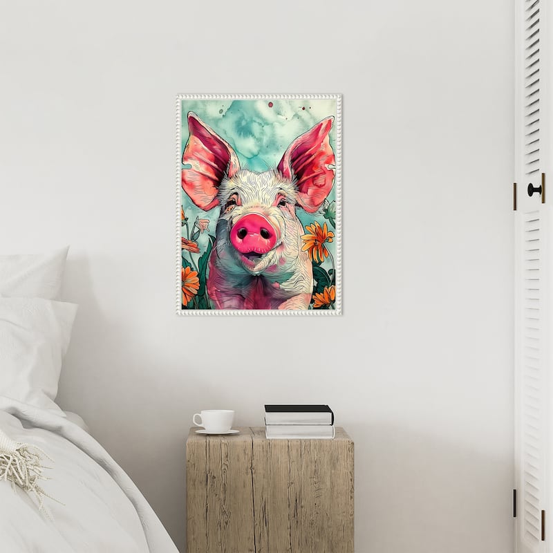 Pig in Flowers by Justyna Jaszke Framed Canvas Wall Art