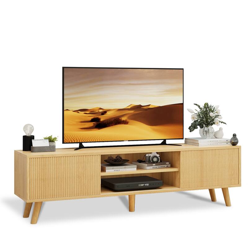 Gymojoy 63" TV Stand for TVs Up to 75 Inches, Boho Entertainment Center with Fluted Sliding Doors & Shelves. - 63"W.