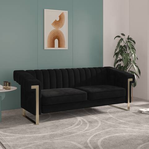 Takefuns Traditional Chesterfield Tufted Velvet Sofa, Couch with Removable Cushions and Gold Legs for Living Room