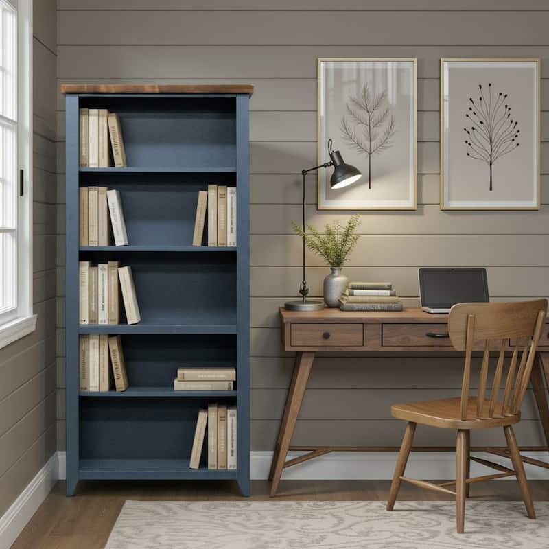 Bridgevine Home Nantucket 72 inch high 5-shelf Bookcase, No Assembly Required, Blue Denim and Whiskey Finish
