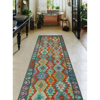Hand-Woven Sangat Kilim Anasah Navy/Orange Runner - 2'6" x 9'4"