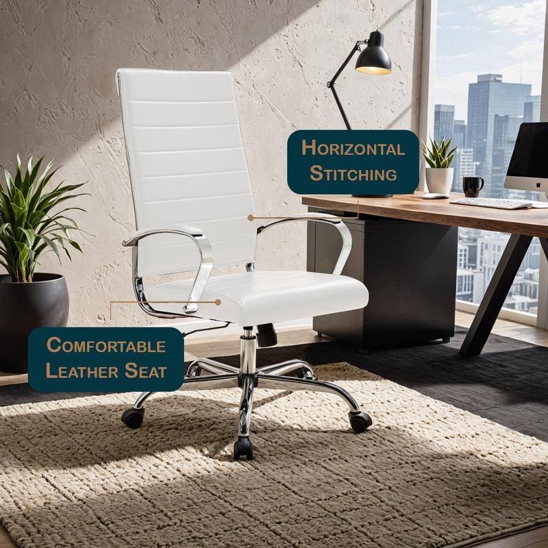 Benmar High-Back Leather Office Desk Chair in Stainless Steel Frame Adjustable Height Tilt Lock 360 Swivel Ergonomic Chair