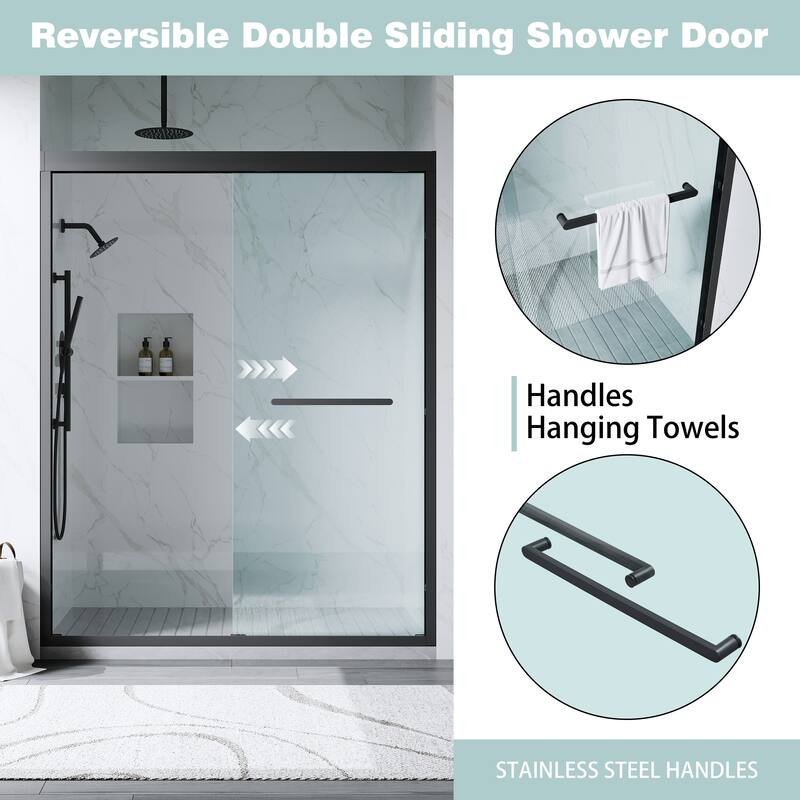 56-60"W x 75"H Aluminium Alloy Frame Double Sliding Shower Door with 6mm Tempered Glass,Matte Black - 56-60"W x 75"H