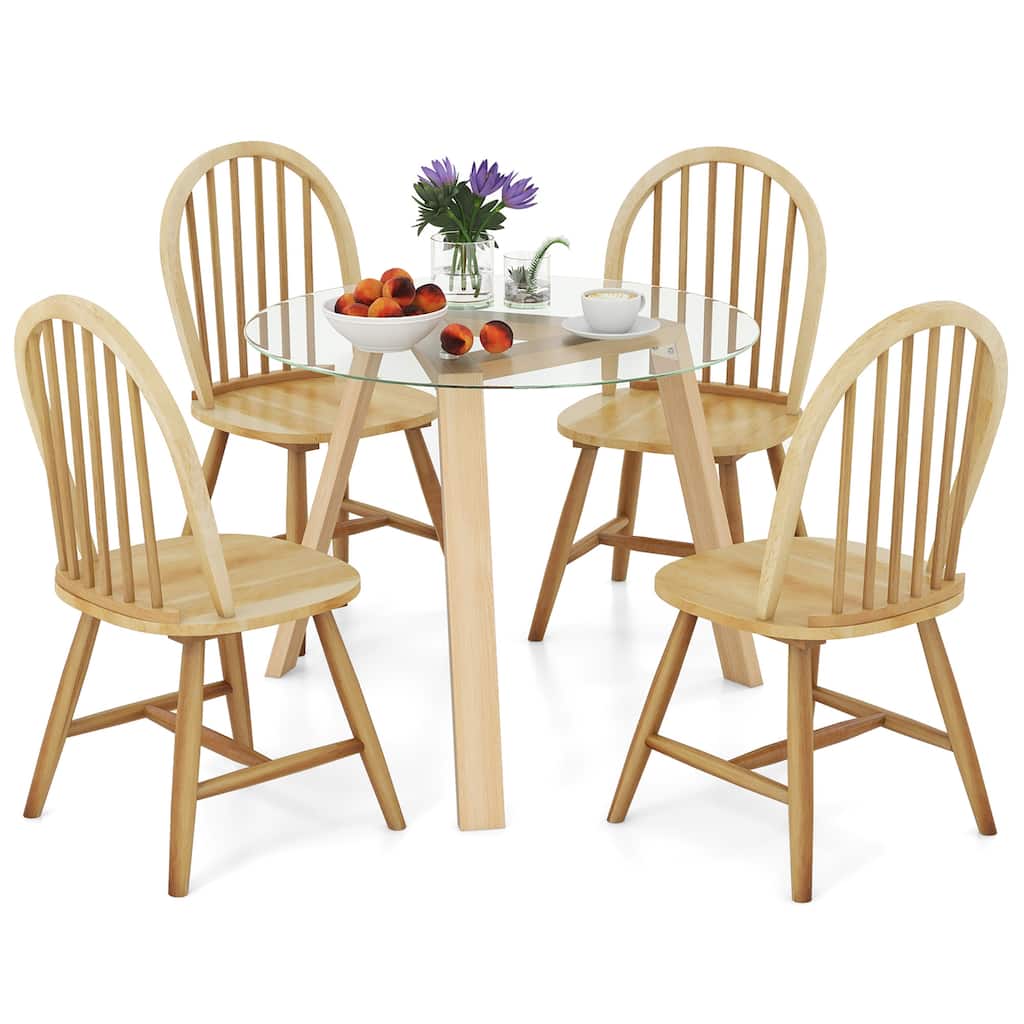 Gymax 5 PCS Dining Set for 4 Round Table w/ 4 Chairs Solid Rubber Wood