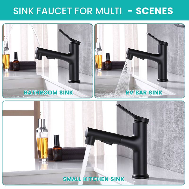 7.09"H Solid Brass Single-Handle Single Hole Pull Out Sprayer Bathroom Sink Faucet With DeckPlate