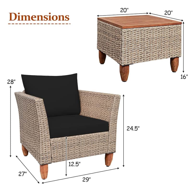 3 Pieces Patio Rattan Furniture Set with Washable Cushion for Yard Porch - 29" x 27" x 28"(L x W x H)