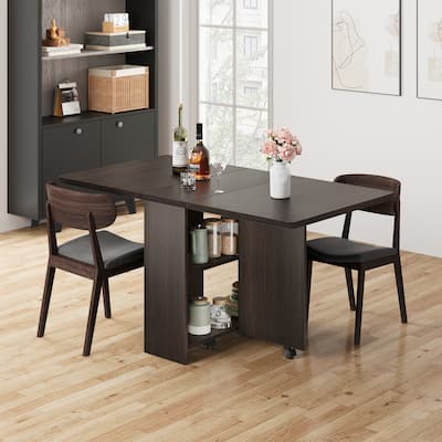 Folding Dining Table with 2 Tier Storage, Extendable Kitchen Table