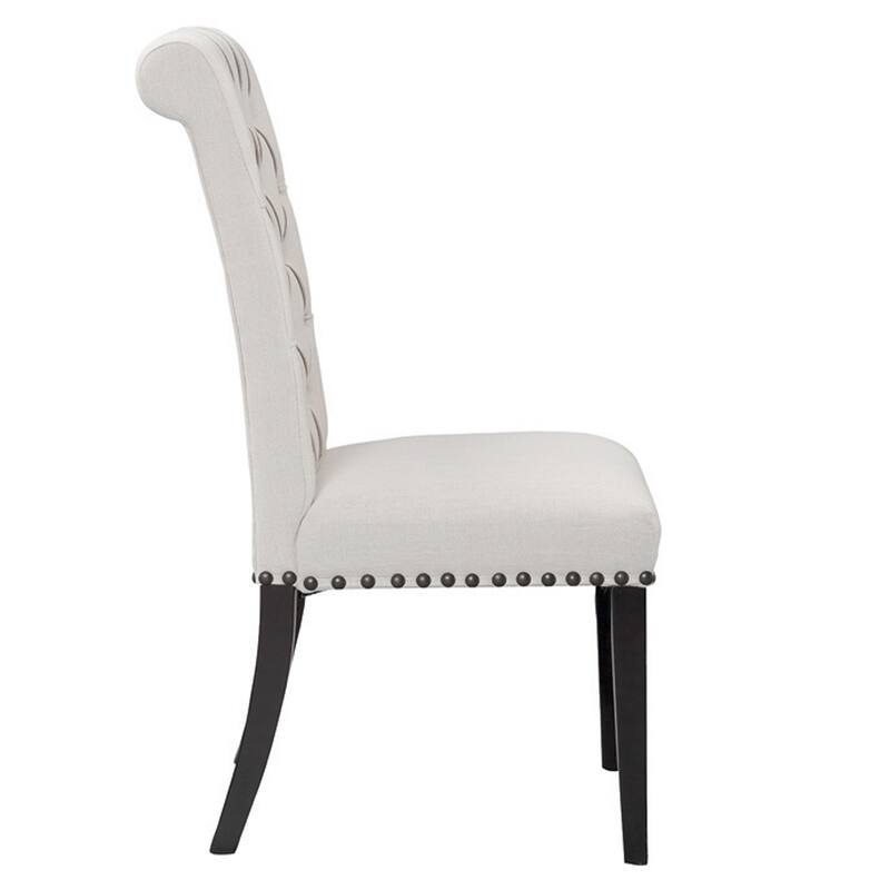 Set of 2 Aleki Beige Fabric Dining Chair Roll Back with Tufted Buttons