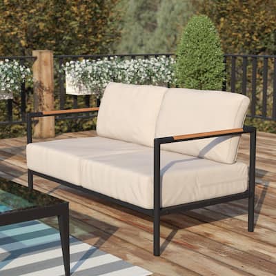 Aluminum Frame Loveseat with Teak Arm Accents and Plush Cushions