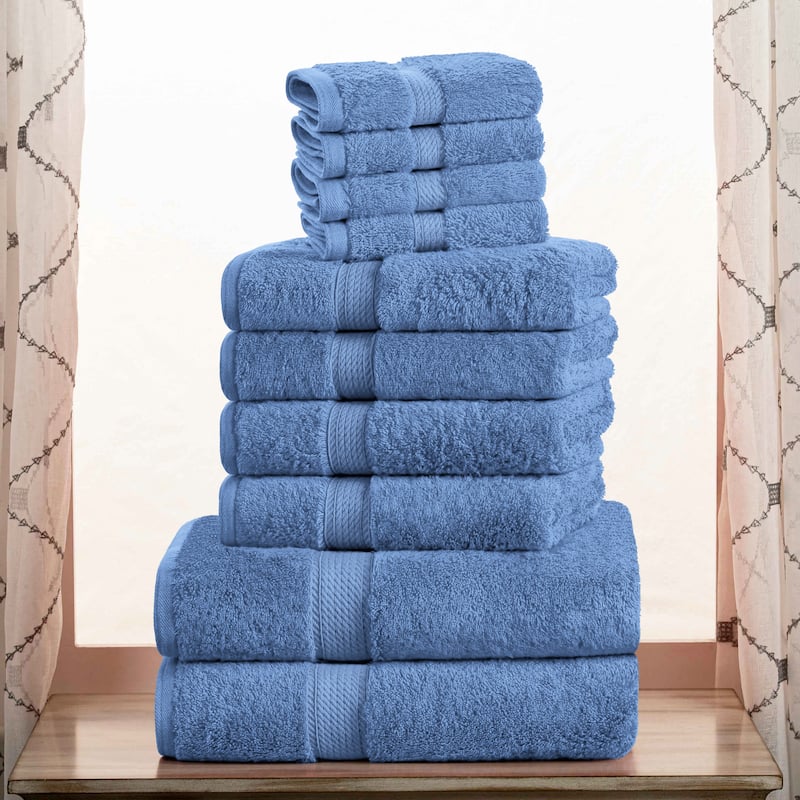 Superior Egyptian Cotton Heavyweight Solid Plush Towel Set - 10-Piece Set - Denim Blue