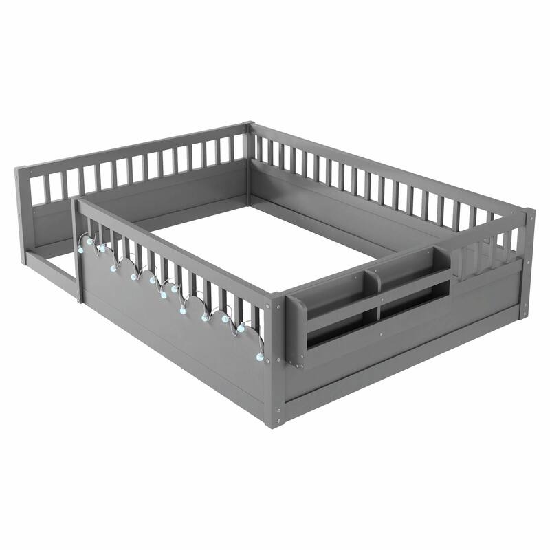 Floor Bed Frame with High Rails, Wooden Kids Floor Bed with Light and Storage Shelf