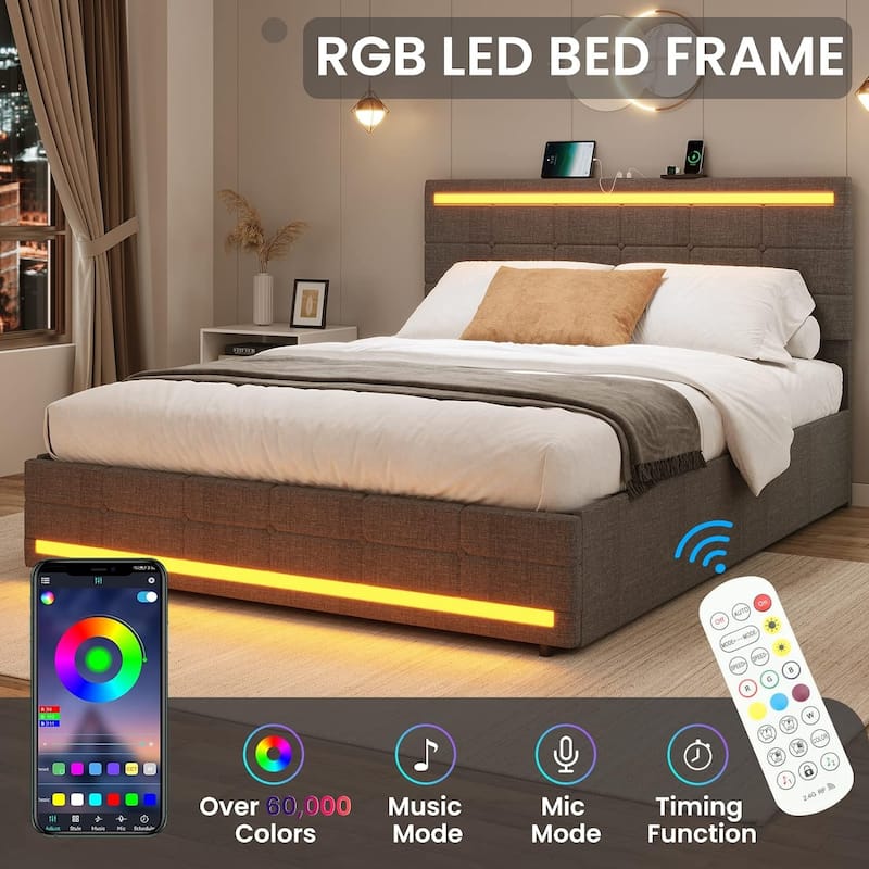 LED Bed Frame Platform Bed 2 USB Ports 4 Storage Drawers