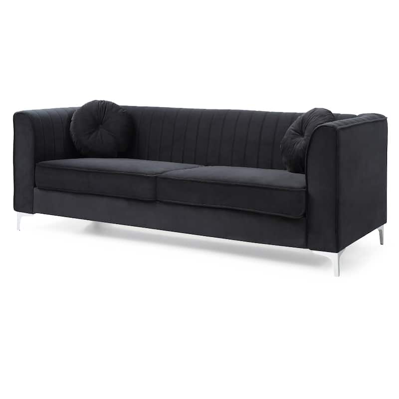 Channel Tufted Velvet 2-Seater Sofa with Throw Pillows - 87" - Black