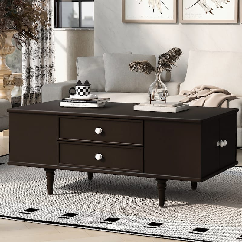 47.2" Modern Coffee Table - Rectangle Wood Table with 4 Drawers & Hidden Storage - Solid Wood Legs for Living Room - Brown