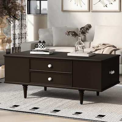 47.2"Rectangle Coffee Table with Four Drawers,Two Side Hidden Storage Compartments,Metal Handles and Four Solid Wood Legs