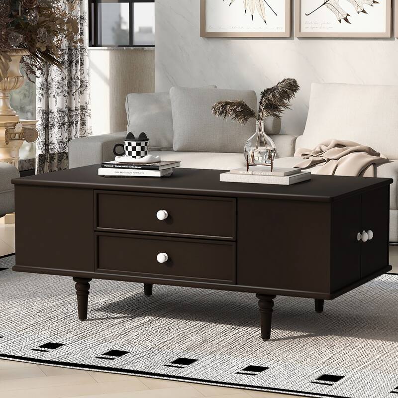 Modern Rectangle Wood Coffee Table with Four Drawers, Two Side Hidden Storage Compartments - Brown