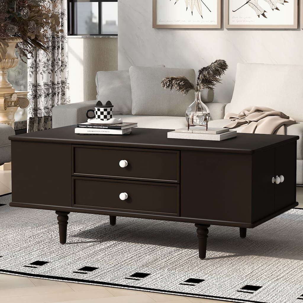 Modern Rectangle Wood Coffee Table with Four Drawers, Two Side Hidden Storage Compartments