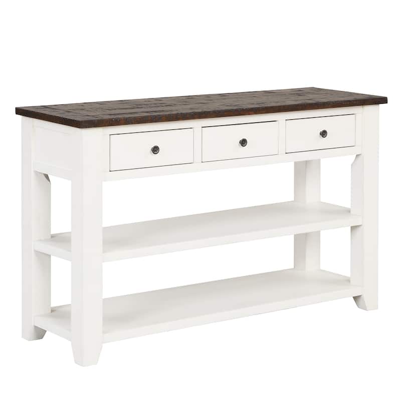 48" Solid Pine Wood Top Console Table, Modern Entryway Sofa Side Table with 3 Storage Drawers and 2 Shelves