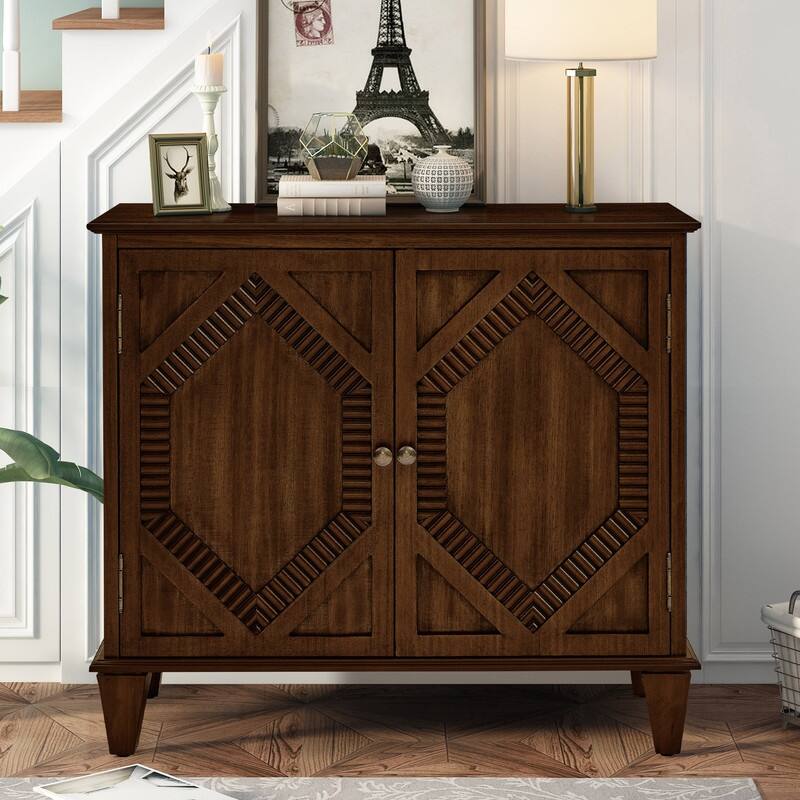 Mid Century Modern Sideboard Buffet Cabinet with Solid Wood Legs for Storage and Display - 33.58"W x 15.75"D x 30.12"H - Walnut