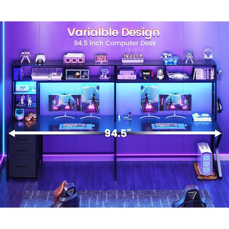 L Shaped Gaming Desk with Storage Shelves and Hutch Computer Desk 3 Drawers