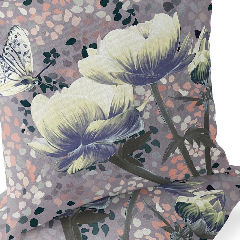 HomeRoots Set of Two 16" X 16" Gray and Yellow Butterfly Blown Seam Floral Indoor Outdoor Throw Pillow
