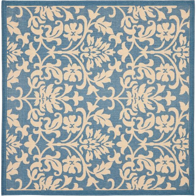 SAFAVIEH Courtyard Bettylou Indoor/ Outdoor Damask Area Rug - 6'7" x 6'7" Square - Blue/Natural