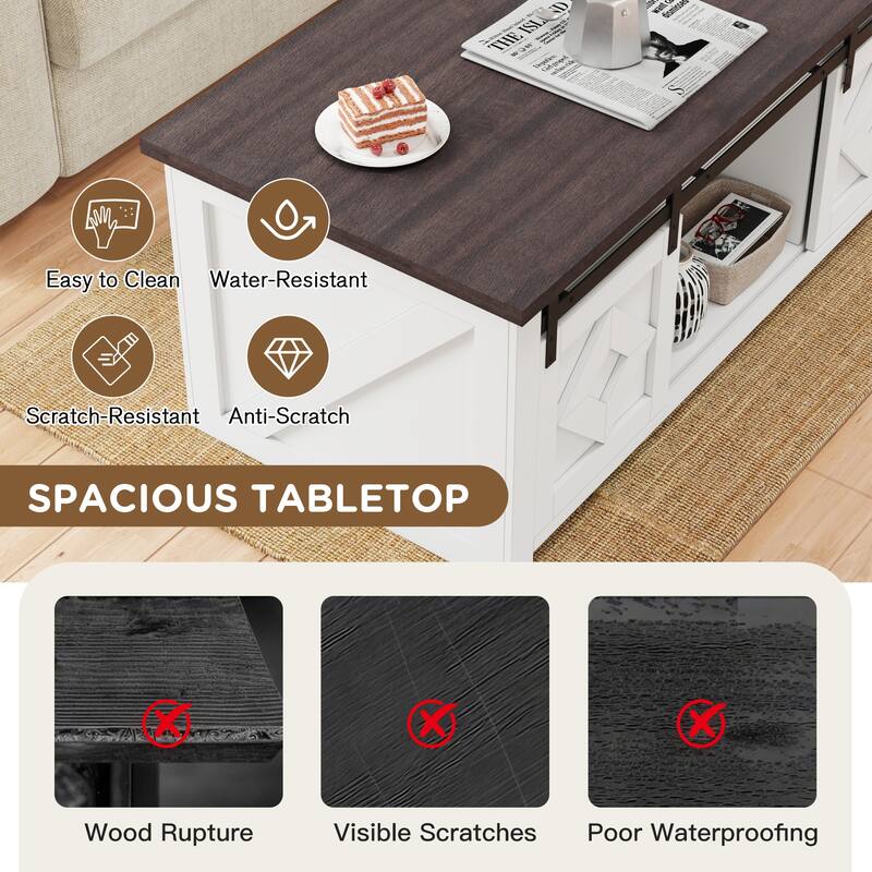 AVAWING Rustic Lift Top Coffee Table with Storage & Sliding Barn Doors – Farmhouse Center Table for Living Room - 47.8'x23.2'