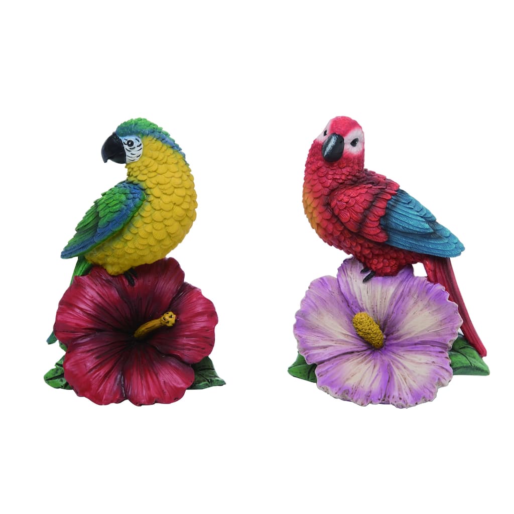 Transpac Resin Bright Color Tropical Birds Sitting on Flower Figurines Set of 2 Home Tabletop Mantel Decorations