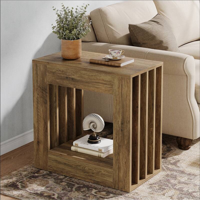 2 Tier Side Table for Living Room, Rectangular Couch End Table with Storage for Bedroom, Farmhouse Style