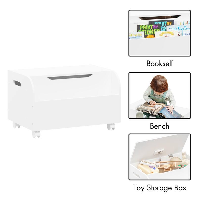 Wooden Toy Box, Kids Toy Storage Organizer with Front Bookshelf, Flip-Top Lid, Safety Hinge