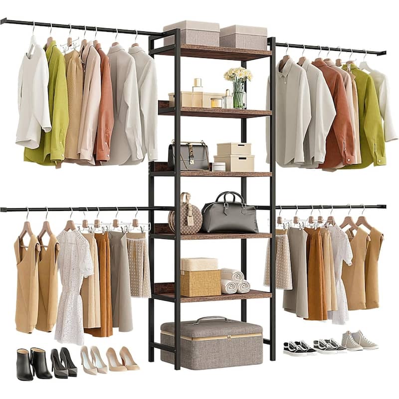 Moasis Closet Organizer with 4 Expandable Hanging Rods, Garment Rack Heavy Duty Clothes Rack with Storage Shelves - Black