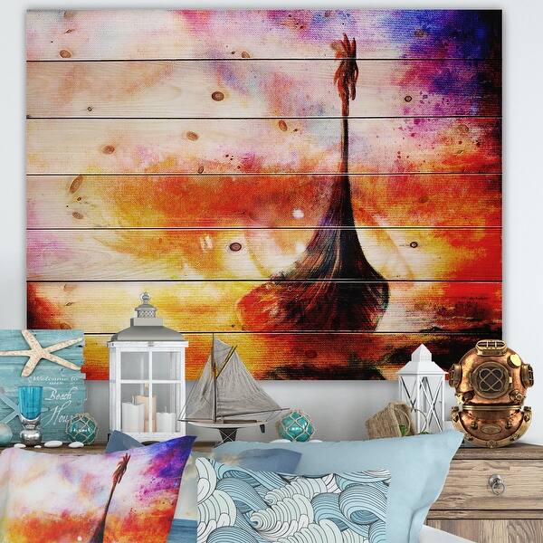 slide 1 of 4, Designart 'Viking Boat With Dragon Arriving Out Of The Mist' Traditional Print on Natural Pine Wood
