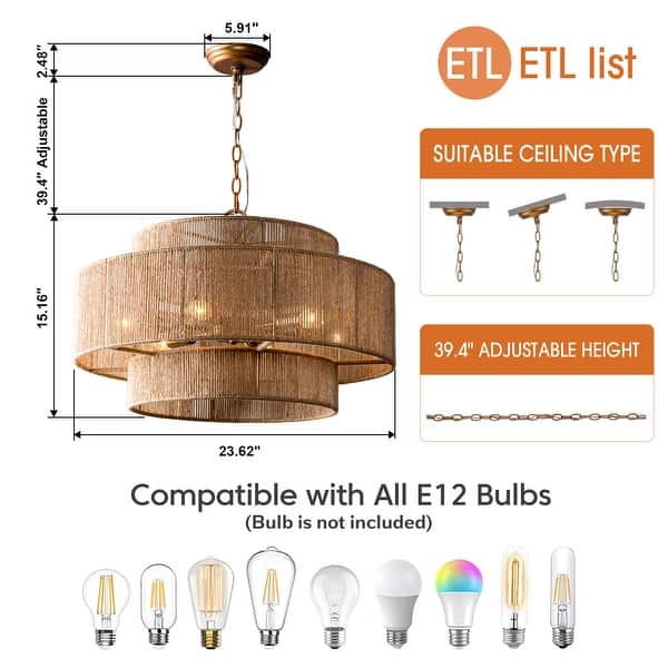 Bohemian Brown Hemp Rope Tiered Drum Chandelier Light - 23.62" W x 15.16" H