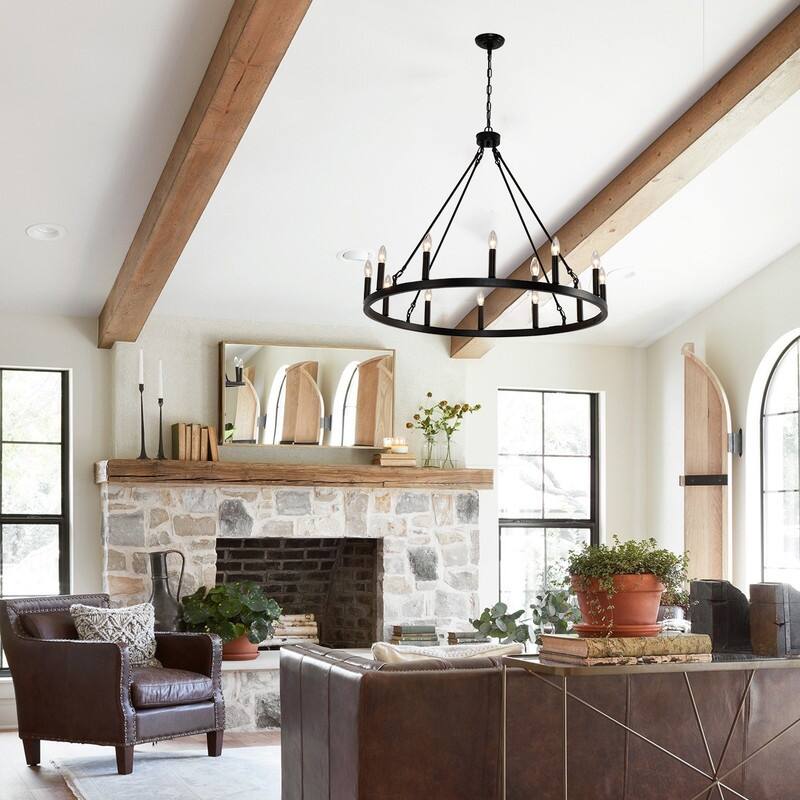 12-Light Black Wagon Wheel Chandelier, Candle Style Ceiling Light Fixtures