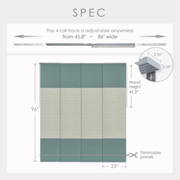dimension image slide 9 of 13, GoDear Design 99.99% Blackout & Sheer Natural Woven Adjustable Sliding Panel Track Blinds, Vertical Blinds, 45.8"- 86" W x 96" L