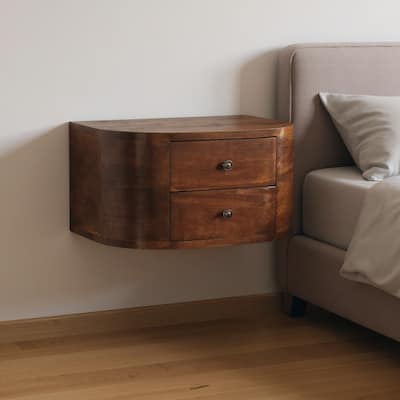HomeRoots 18" Brown Solid Wood Round Two Drawer Floating Nightstand