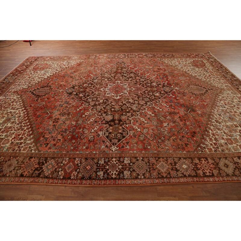 Orange Heriz Persian Vintage Area Rug Handmade Medallion Wool Carpet - 9'7"x 13'0"