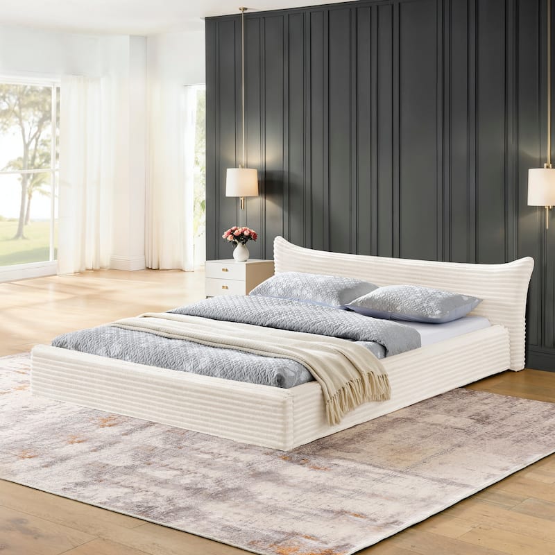 Platform Bed with Curved Headboard and Solid Wood Frame, Ergonomics Upholstered Bed Frame - Beige