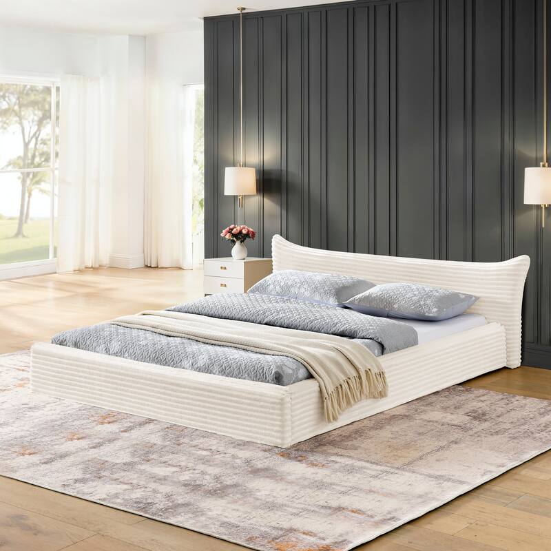 Queen Size Upholstered Bed Frame Velvet Fabric Grounded Platform with Curved Headboard Solid Wood No Box Spring - Beige