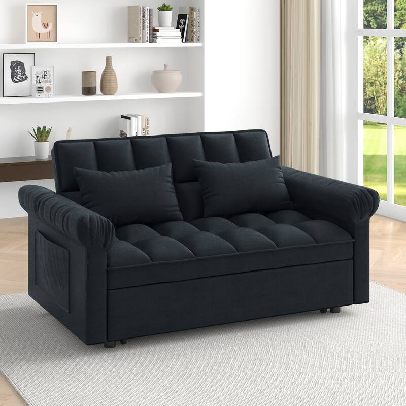 Flannel Sleeper Sofa Bed Loveseat Recliners Couch with Pull-Out Trundle, Adjustable Backrest, Round Arms and Side Pockets