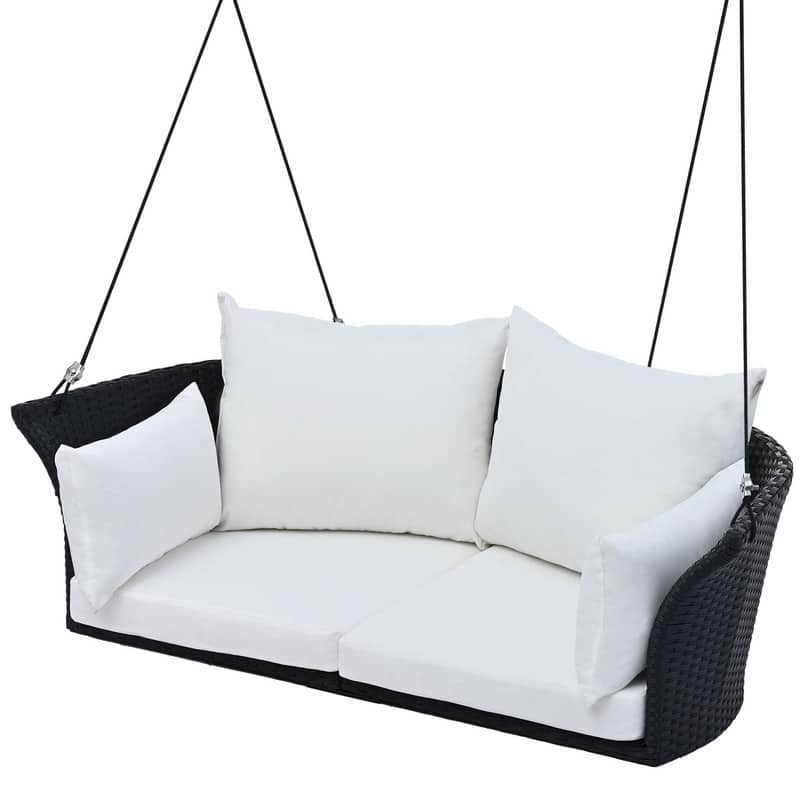 2-Person Hanging Seat, Rattan Woven Swing Chair, Porch Swing W/Cushion