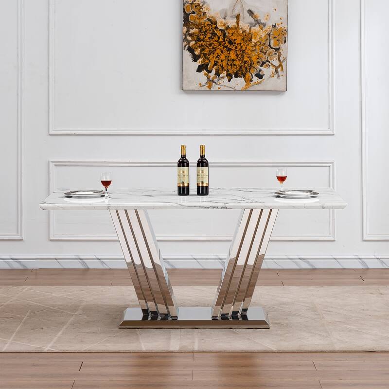 70'' Rectangle Faux Marble Dining Table with Mirrored Finish Stainless Steel Base - Silver+White