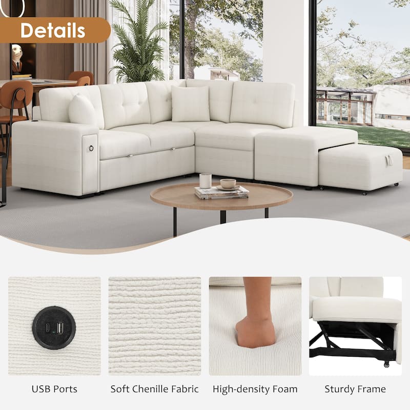 Convertible Sectional Sofa Bed with Ottoman, Chenille L-Shaped Pull Out Couch with Drawer 2 USB Ports & 2 Cup Holders