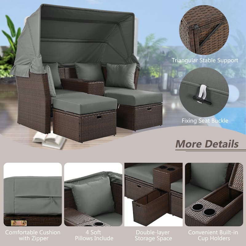 2-Seater Outdoor Patio Double Daybed, Classic Outdoor Loveseat Sofa Set with Foldable Awning for Lawn, Garden, Backyard